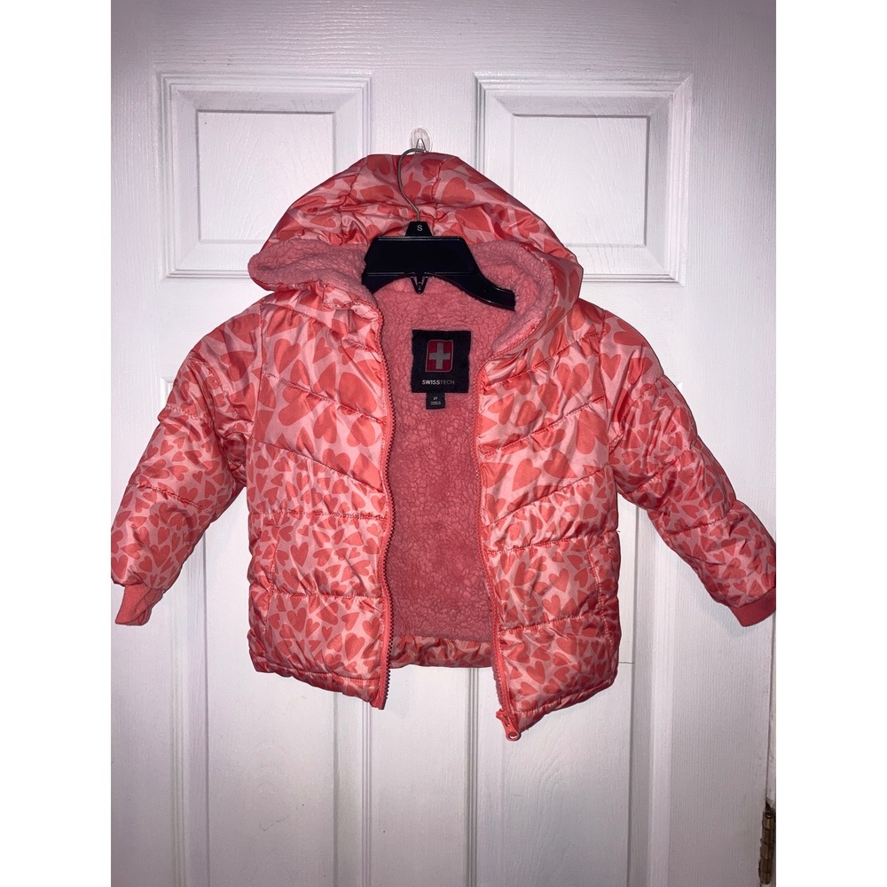 Swiss Tech Girls Pink Hearts Puffer Hooded Jacket Size 2T